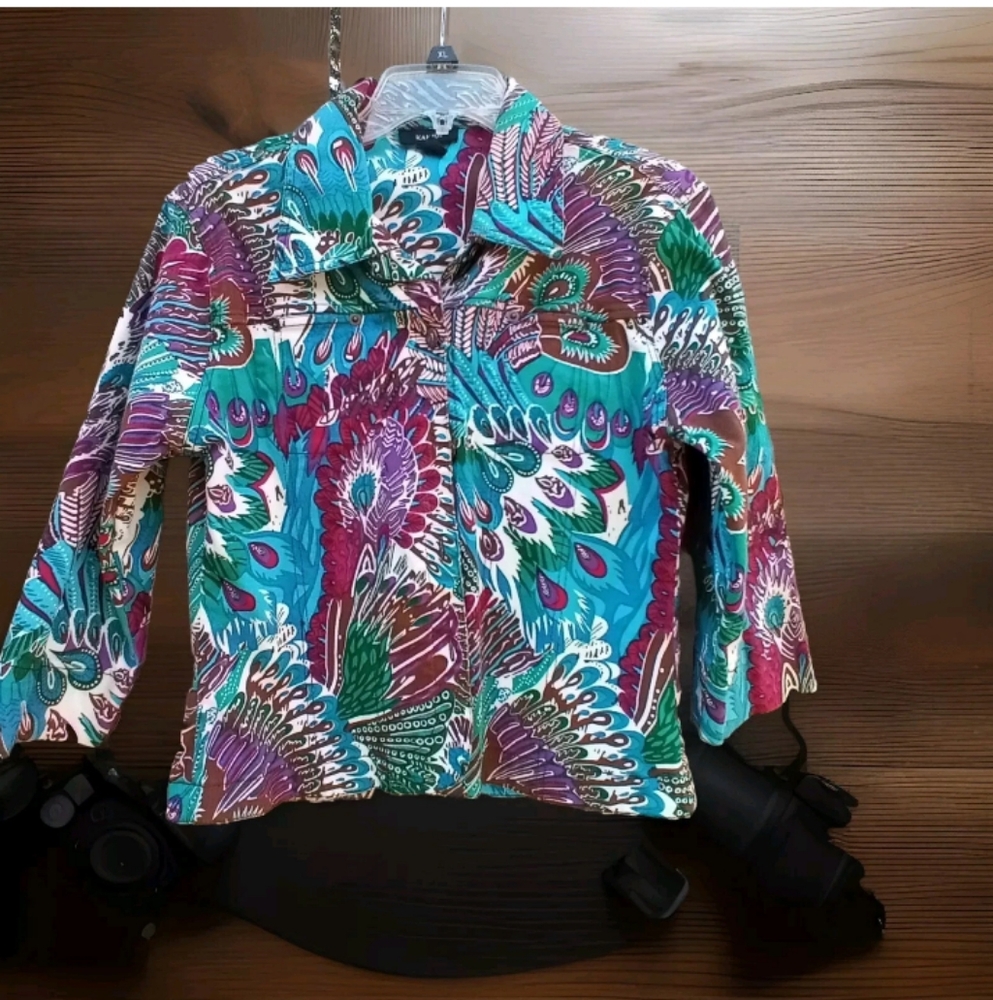 KAKTUS JACKET-BLAZER VINTAGE WOMENS SZ L FLORAL PRINT LONG SLEEVE BUTTON CLOSURE